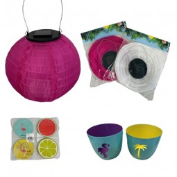 R Mischkarton: Teelichthalter Palme & Flamingo, Untersetzer 8er, Solar Lampion Ø 20 cm, weiss & pink