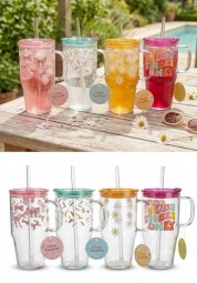 Glas - Trinkglas mit Strohhalm 650 ml in 4 Designs