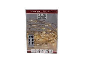 W Lichterkette Draht 50er mit Timer, 8 Funktionen, mit FB, batteriebetrieben