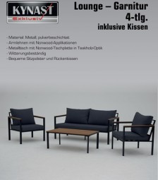 Lounge-Garnitur 4tlg. inkl. Kissen mit Nonwood-Applikationen & Tischplatte in Teakholz-Optik