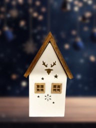 W Dekohaus aus Porzellan LED mit Holzdach, H x 20,5 cm